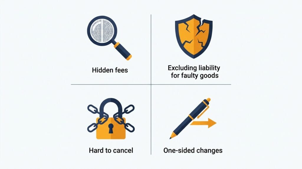  Infographic showing common examples of unfair contract terms under UK consumer law

