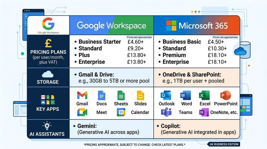 Comparison table showing Google Workspace vs Microsoft 365 pricing, storage and features