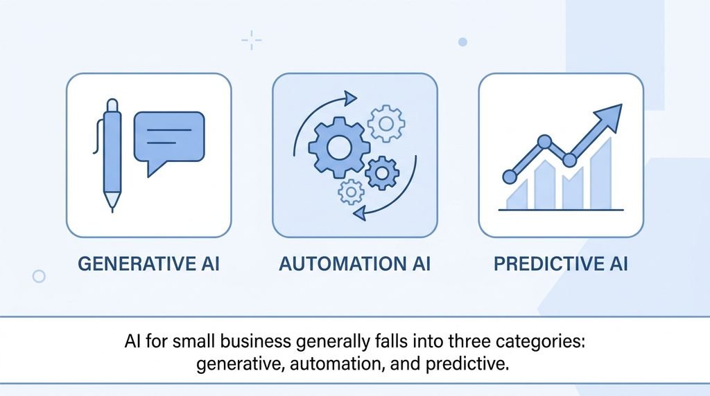 Diagram showing three types of AI used by small businesses: generative, automation, and predictive
