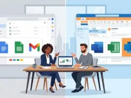 Split illustration comparing Google Workspace and Microsoft 365 tools for a UK small business