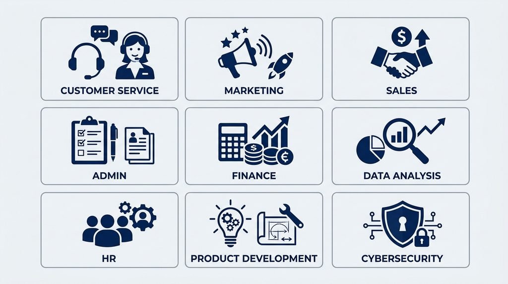 Grid of nine icons showing common AI use cases for small business including marketing, finance, and HR