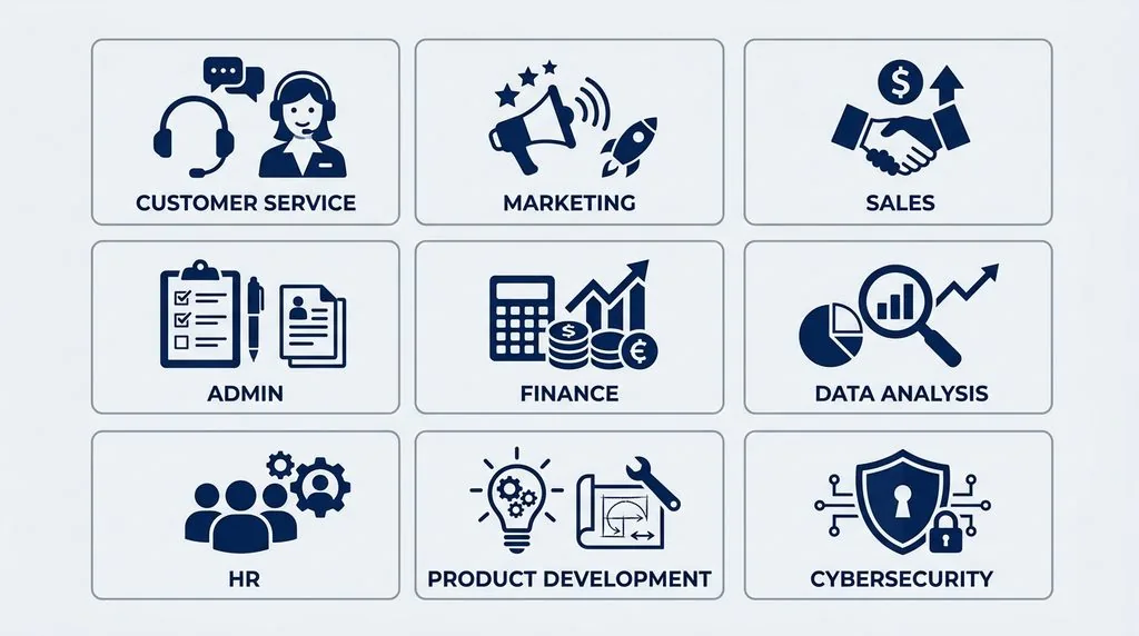 Grid of nine icons showing common AI use cases for small business including marketing, finance, and HR