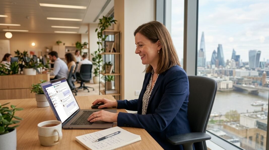 Small business owner using ChatGPT on a laptop in a UK office