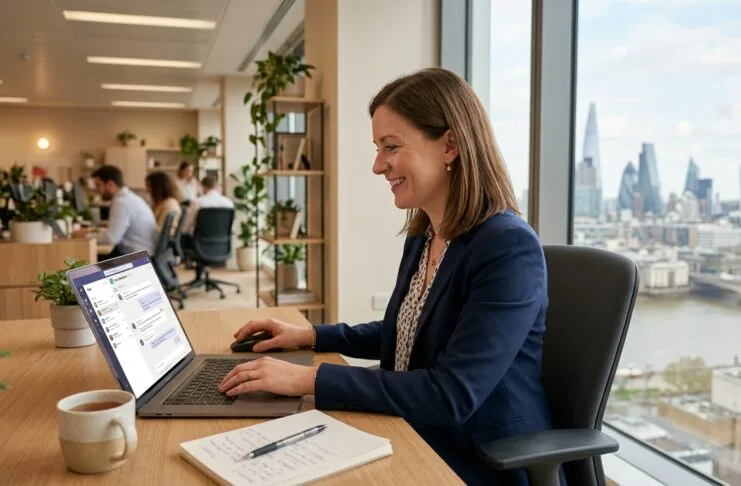 Small business owner using ChatGPT on a laptop in a UK office
