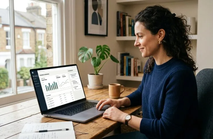 UK small business owner reviewing AI accounting software dashboard on laptop