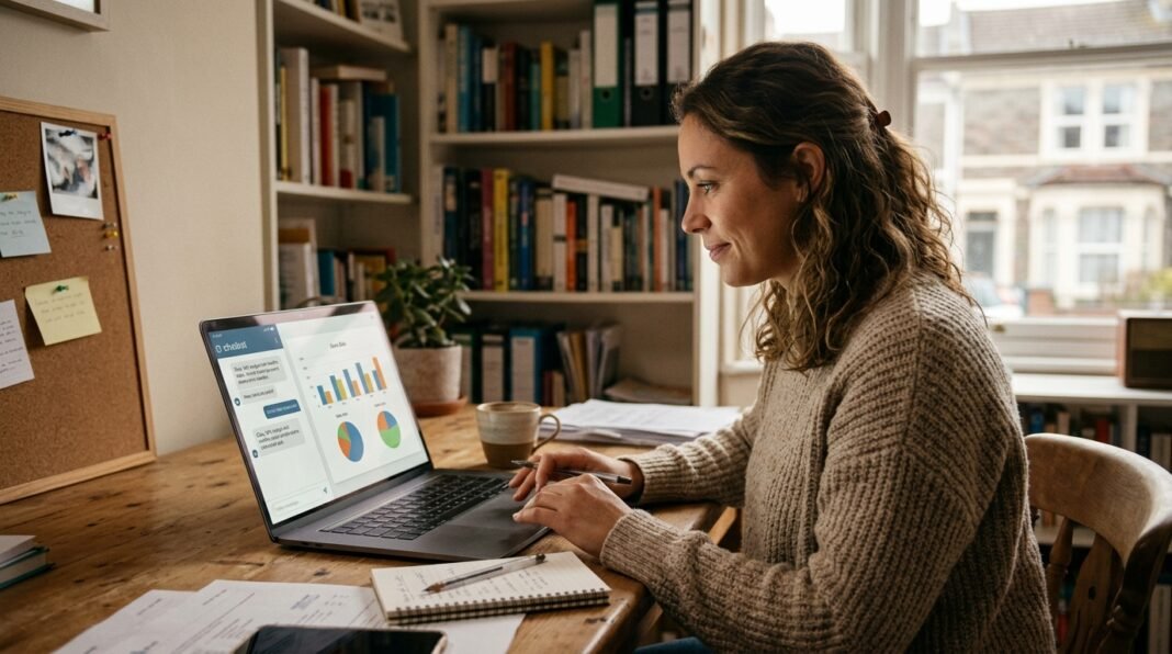 UK small business owner using AI tools on a laptop to grow their business