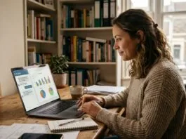 UK small business owner using AI tools on a laptop to grow their business
