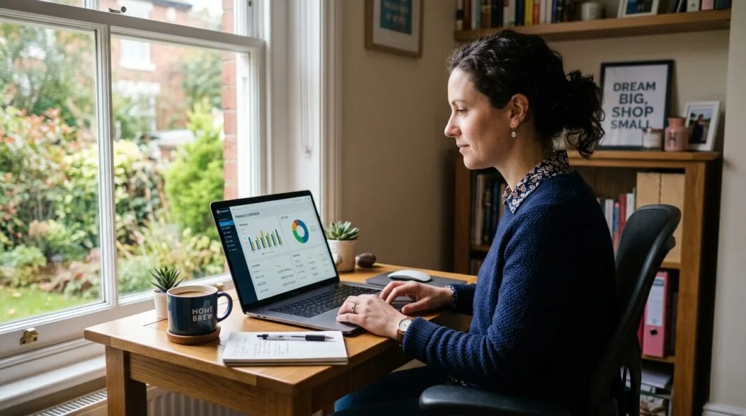 UK small business owner reviewing free accounting software dashboard on a laptop at a home office desk