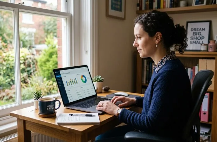 UK small business owner reviewing free accounting software dashboard on a laptop at a home office desk