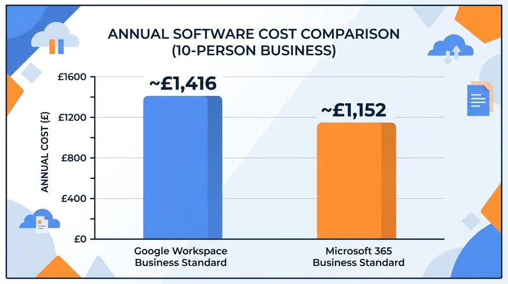 Bar chart comparing annual Google Workspace and Microsoft 365 costs for a 10-employee business