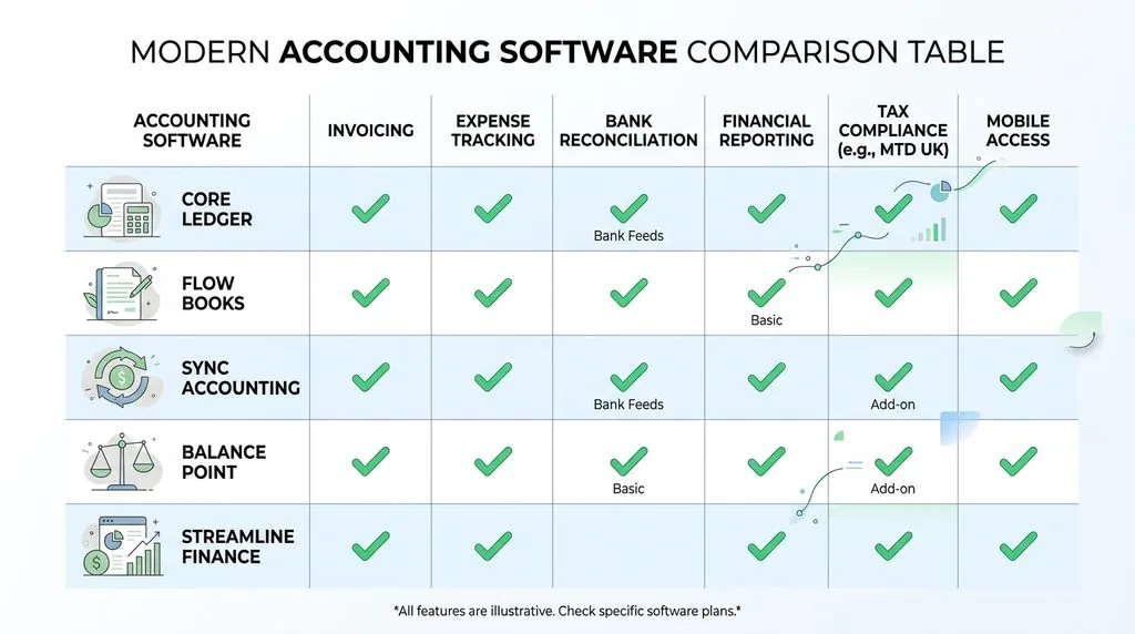 Comparison table graphic of AI accounting software tools for UK businesses