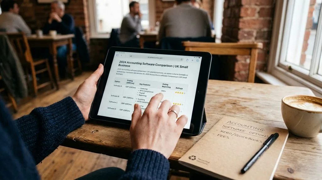 UK small business owner comparing free accounting software options on a tablet