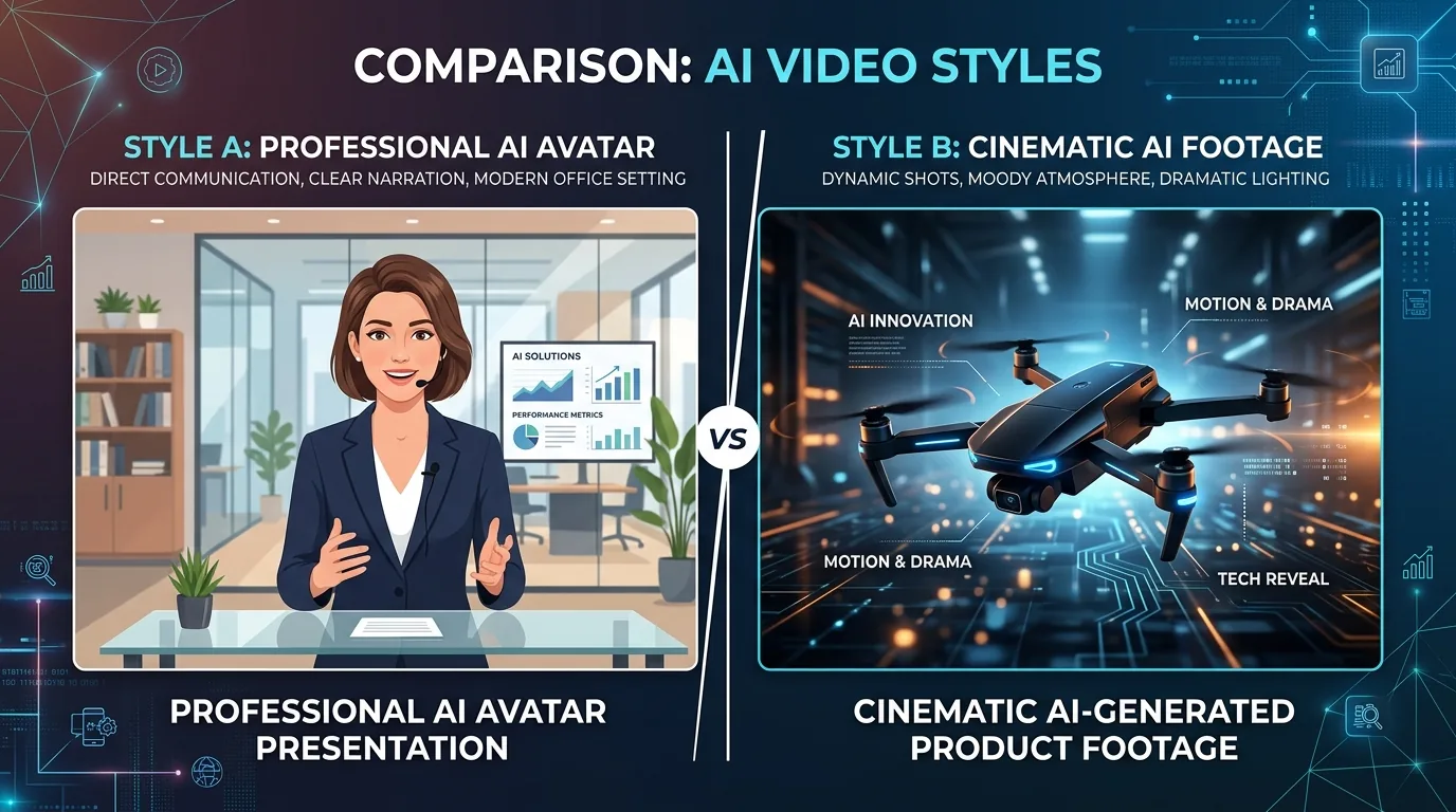 Split screen comparison of an AI avatar presenter video and a cinematic AI generated brand video