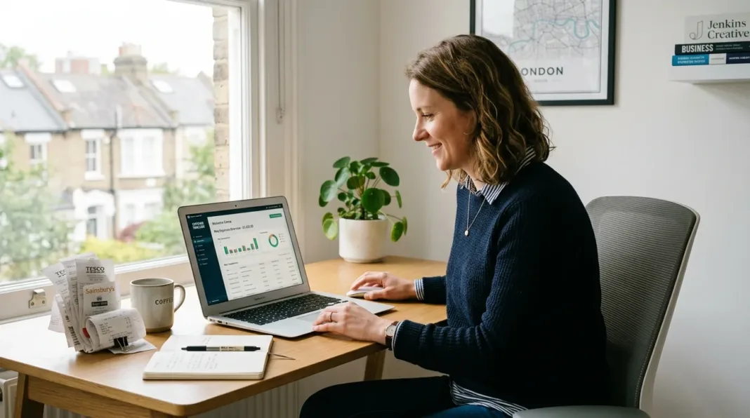 UK small business owner reviewing receipts and expense data on a laptop with an AI expense tracking app
