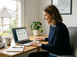 UK small business owner reviewing receipts and expense data on a laptop with an AI expense tracking app