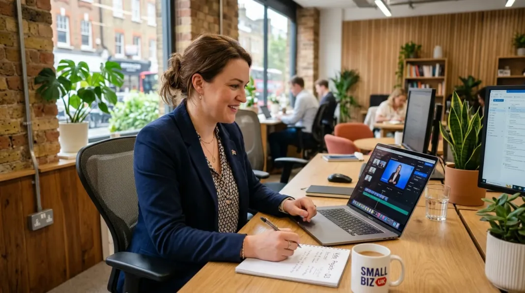 UK small business owner reviewing AI video creation software on a laptop in a modern office