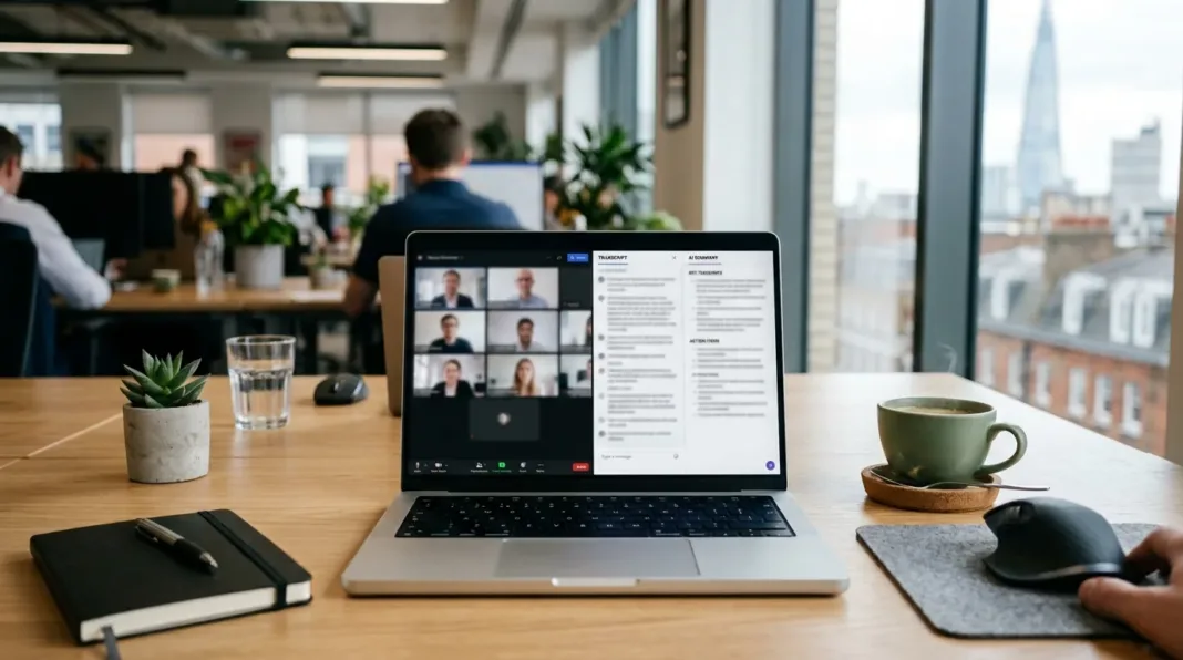A UK office worker reviewing an AI meeting transcript on a laptop during a video call
