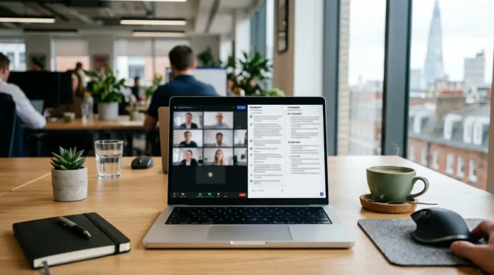 best-meeting-transcription-software-uk A UK office worker reviewing an AI meeting transcript on a laptop during a video call