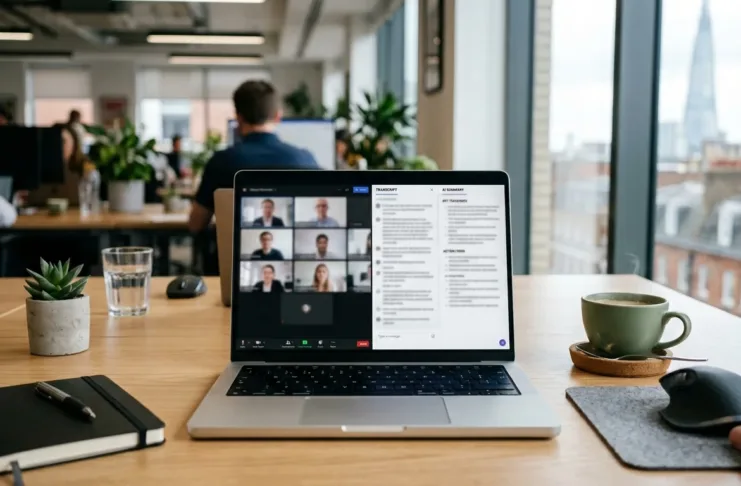 A UK office worker reviewing an AI meeting transcript on a laptop during a video call
