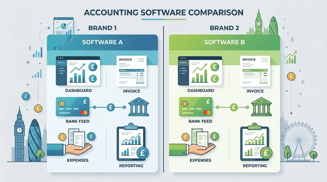 Split-screen comparison graphic showing Sage and Xero accounting software logos side by side with UK business icons