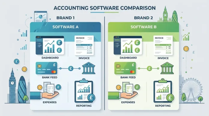 Split-screen comparison graphic showing Sage and Xero accounting software logos side by side with UK business icons