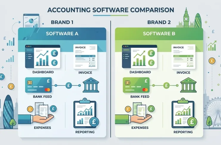 Split-screen comparison graphic showing Sage and Xero accounting software logos side by side with UK business icons