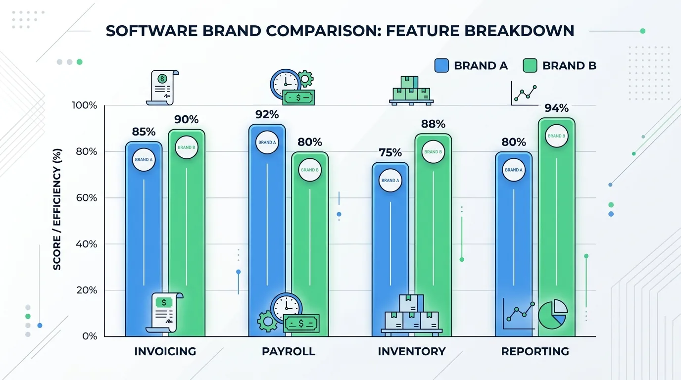 Bar chart comparing Sage and Xero across invoicing, payroll, inventory, and reporting features for UK businesses