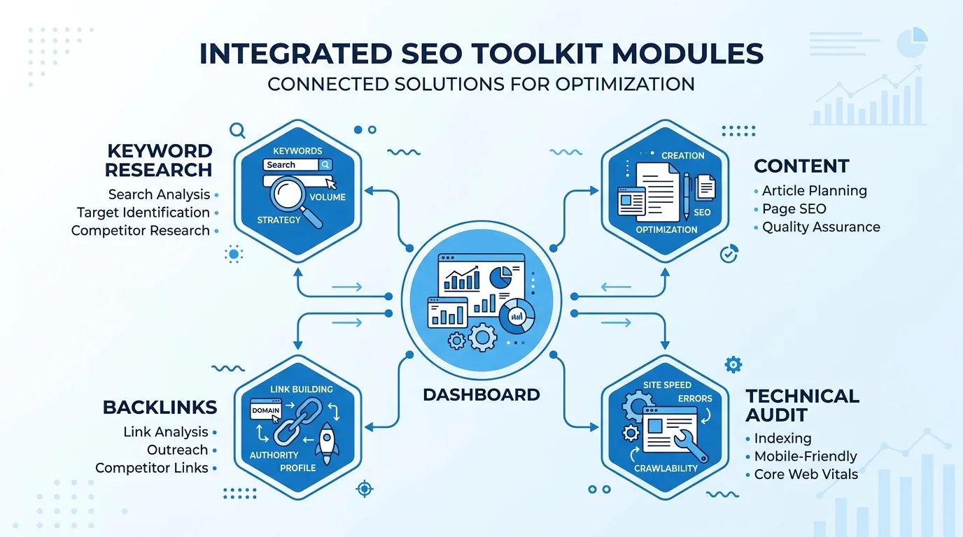 Illustration of Semrush's SEO, content and technical audit toolkits arranged around a central dashboard