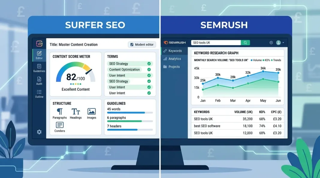 Split-screen graphic comparing Surfer SEO and Semrush dashboards for a UK small business