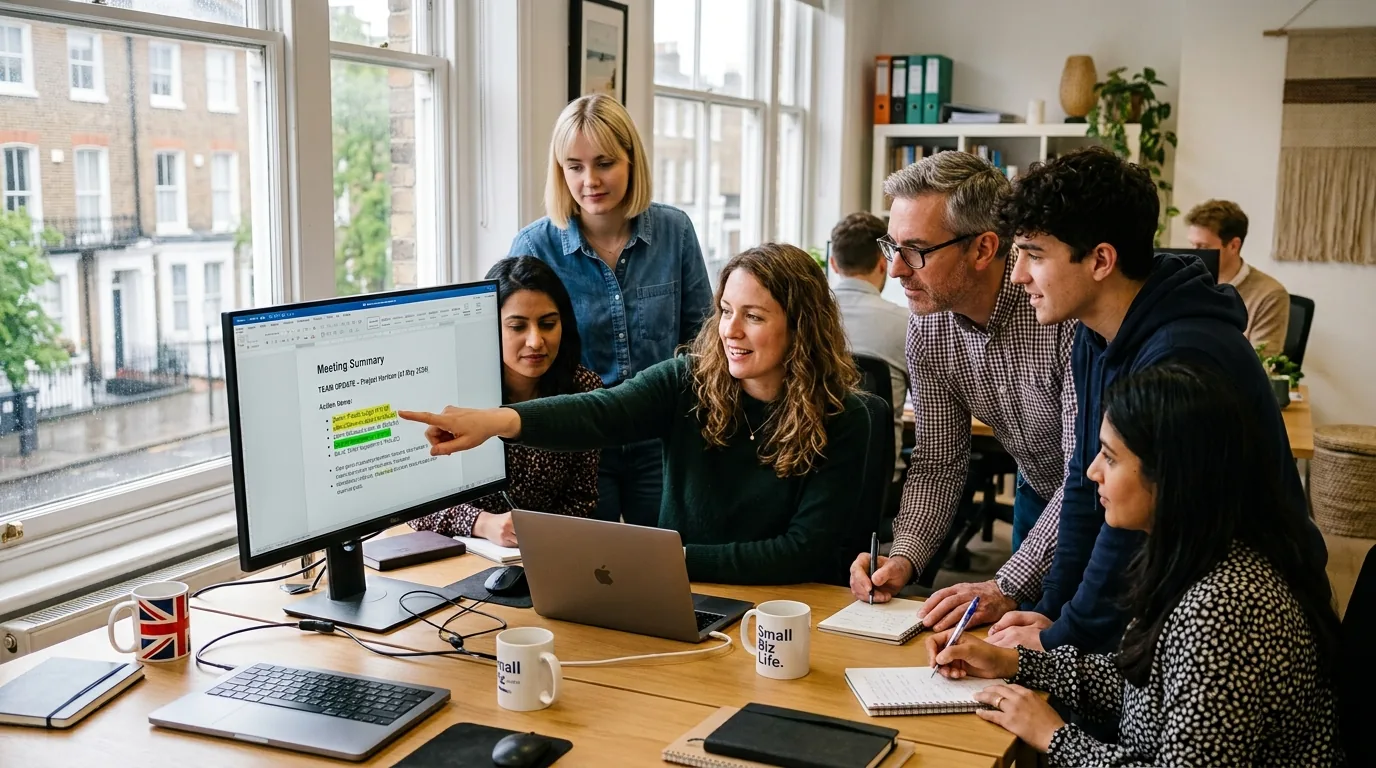 Team members reviewing an AI-generated meeting summary and action items on a shared screen