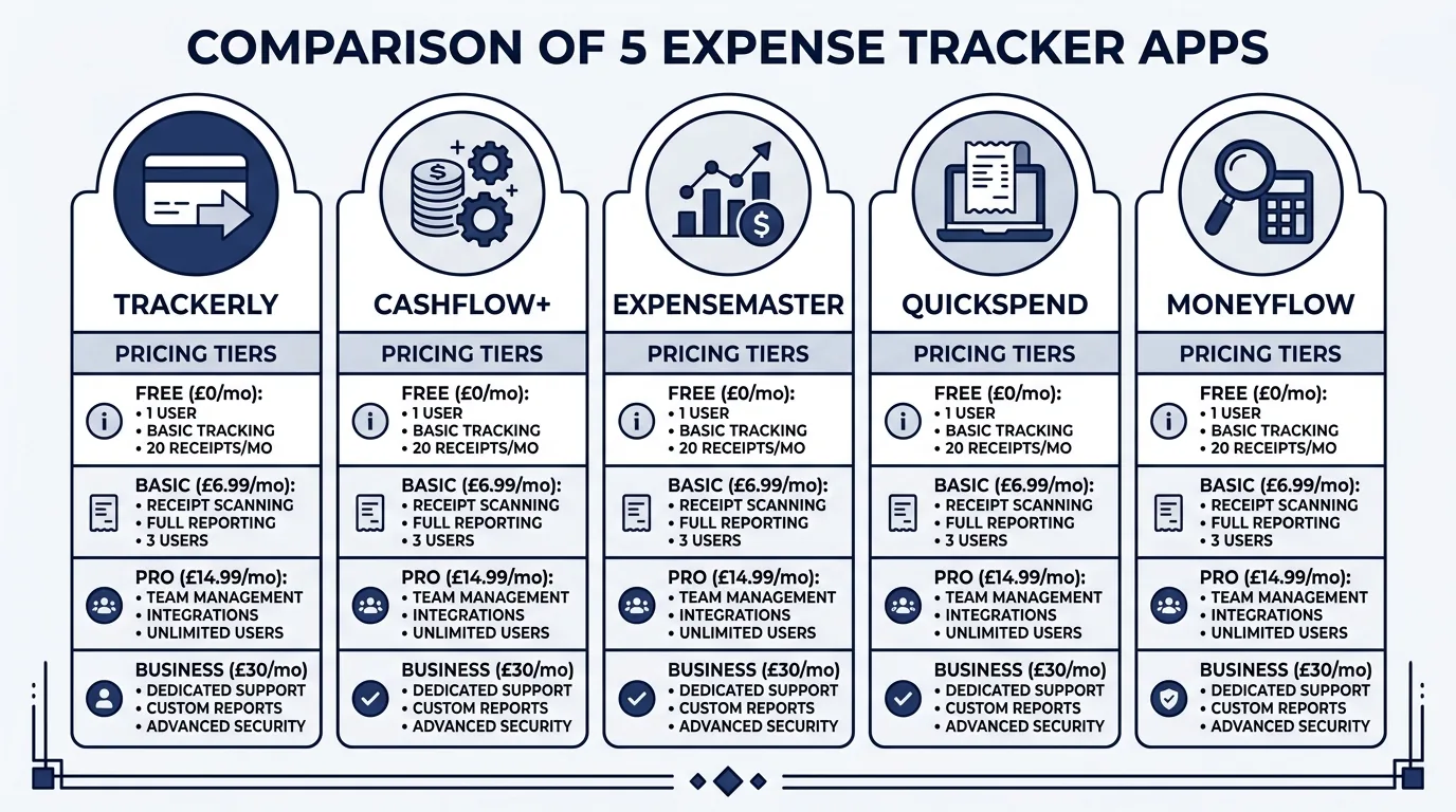 Comparison chart of UK expense tracker apps showing pricing tiers and features for freelancers