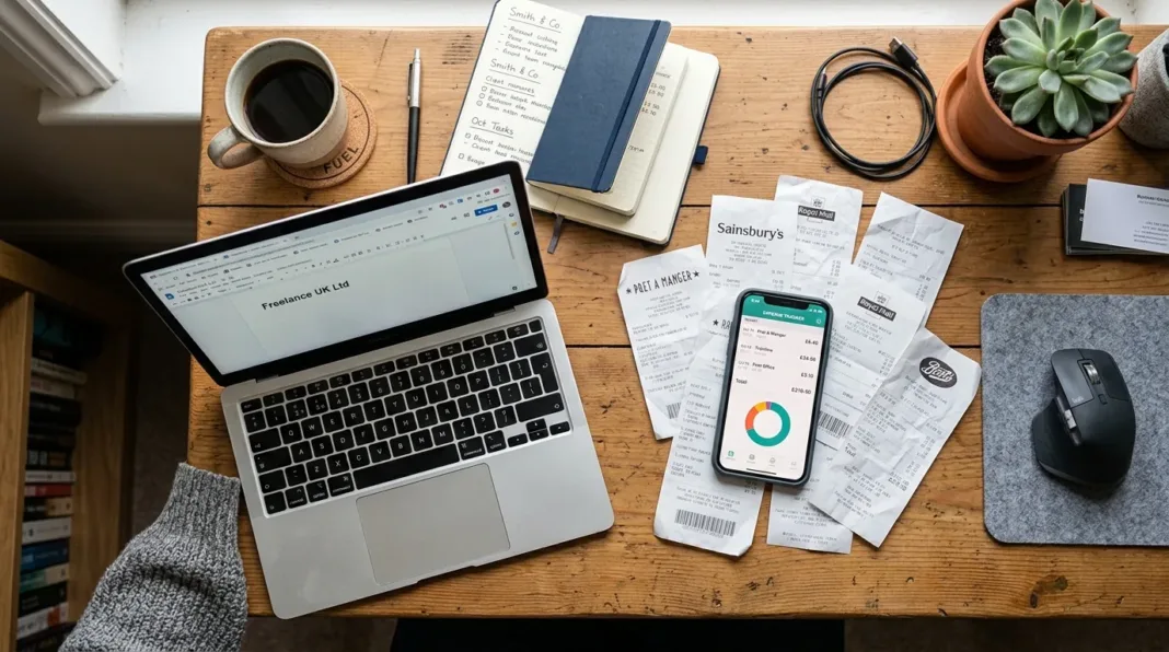 UK freelancer using a business expense tracker app on a smartphone at a desk with receipts and a laptop