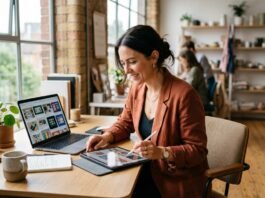 Best AI Image Generator for Business UK: 7 Top Tools UK small business owner comparing AI-generated marketing images on a laptop screen