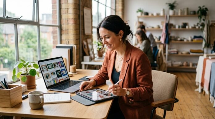 UK small business owner comparing AI-generated marketing images on a laptop screen
