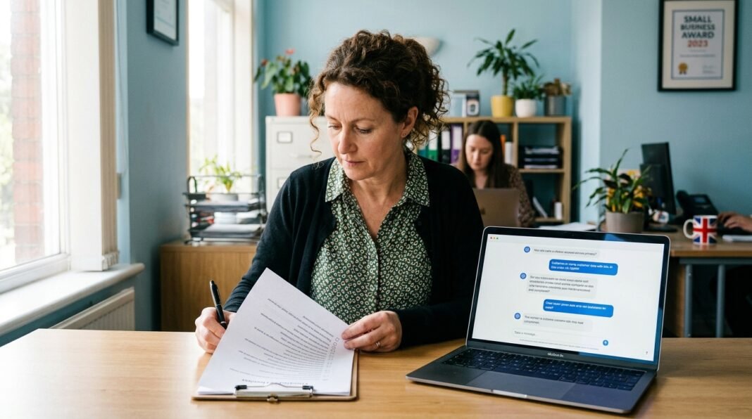 Small business owner reviewing an AI compliance checklist at a desk with a laptop in a UK office