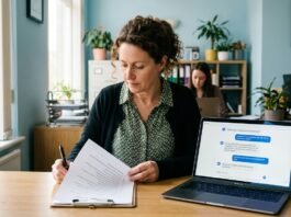 Small business owner reviewing an AI compliance checklist at a desk with a laptop in a UK office