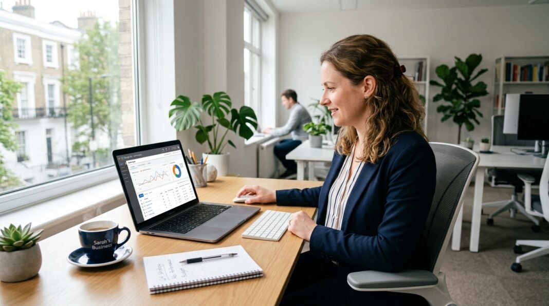 UK small business owner reviewing Google Ads AI campaign performance on a laptop