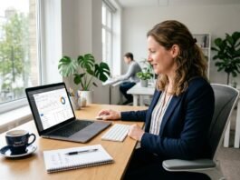 How to Use AI for Google Ads in the UK UK small business owner reviewing Google Ads AI campaign performance on a laptop