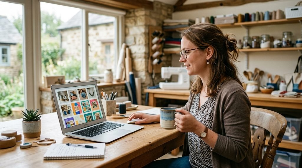 Small business owner reviewing AI-generated product photos and social media graphics