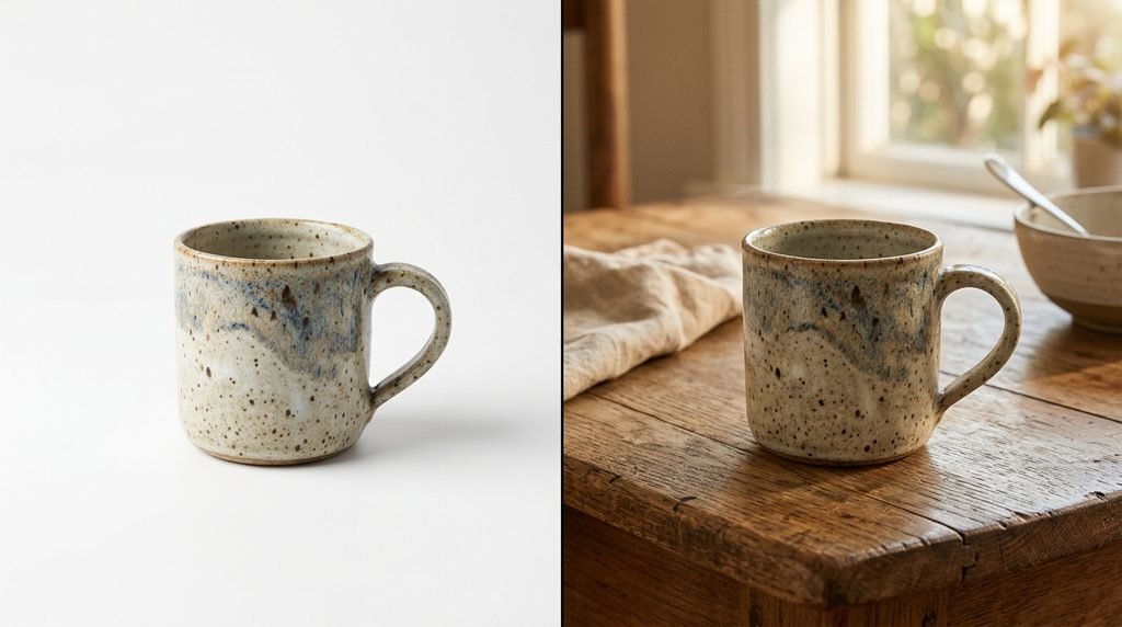 Side-by-side AI product photo on white background and lifestyle version