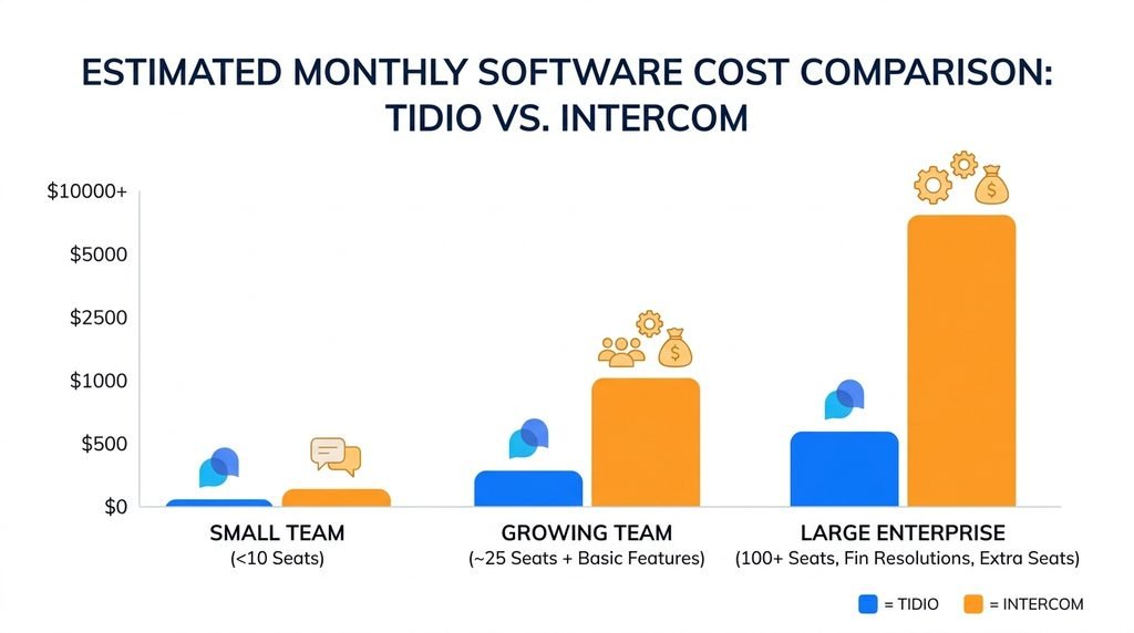Bar chart comparing estimated monthly costs of Tidio and Intercom for one, five and ten agents