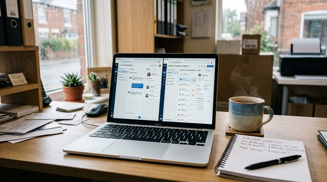 Two live chat dashboards side by side on a laptop screen in a small UK office, comparing Tidio and Intercom