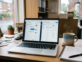 Tidio vs Intercom for UK Small Business: Real Costs Compared Two live chat dashboards side by side on a laptop screen in a small UK office, comparing Tidio and Intercom