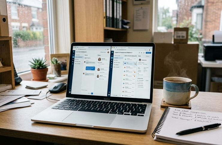 Two live chat dashboards side by side on a laptop screen in a small UK office, comparing Tidio and Intercom