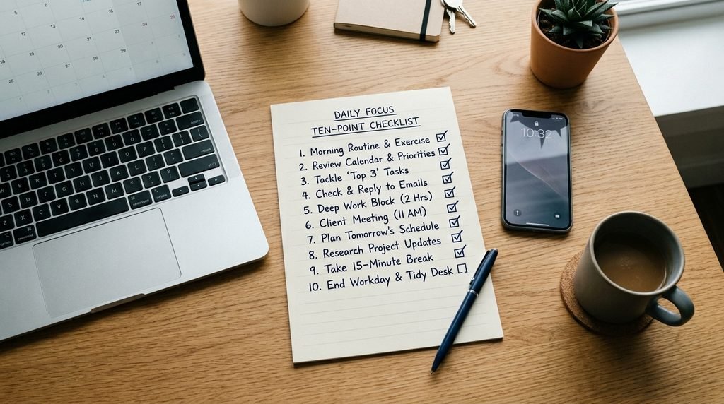 Checklist of ten cyber security steps for a small business on a desk