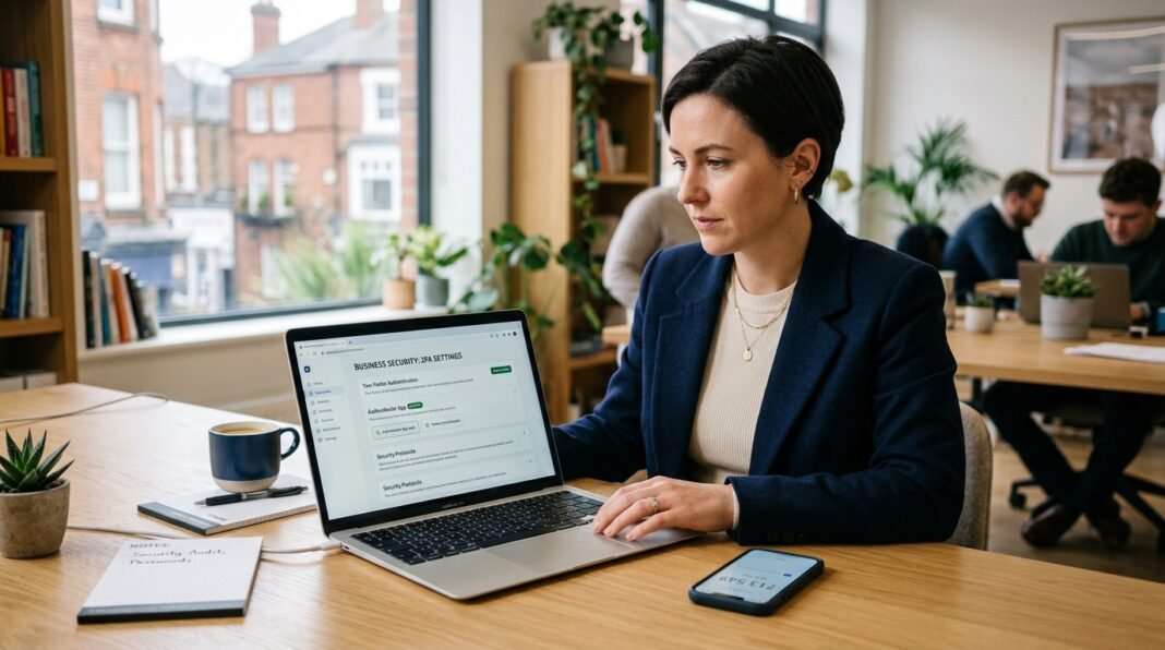 UK small business owner checking cyber security settings on a laptop in a small office