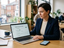 UK small business owner checking cyber security settings on a laptop in a small office