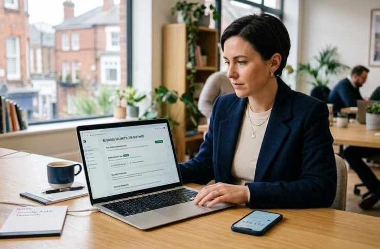 UK small business owner checking cyber security settings on a laptop in a small office
