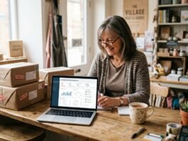 Small UK business owner reviewing an AI customer service agent dashboard on a laptop beside a shop counter