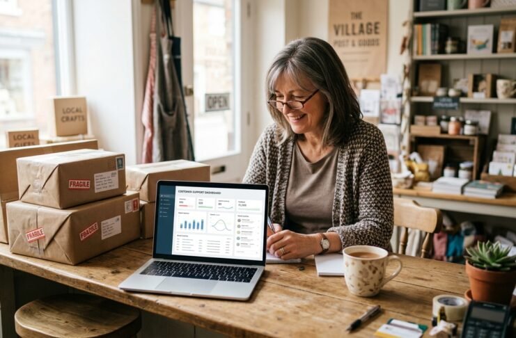 Small UK business owner reviewing an AI customer service agent dashboard on a laptop beside a shop counter